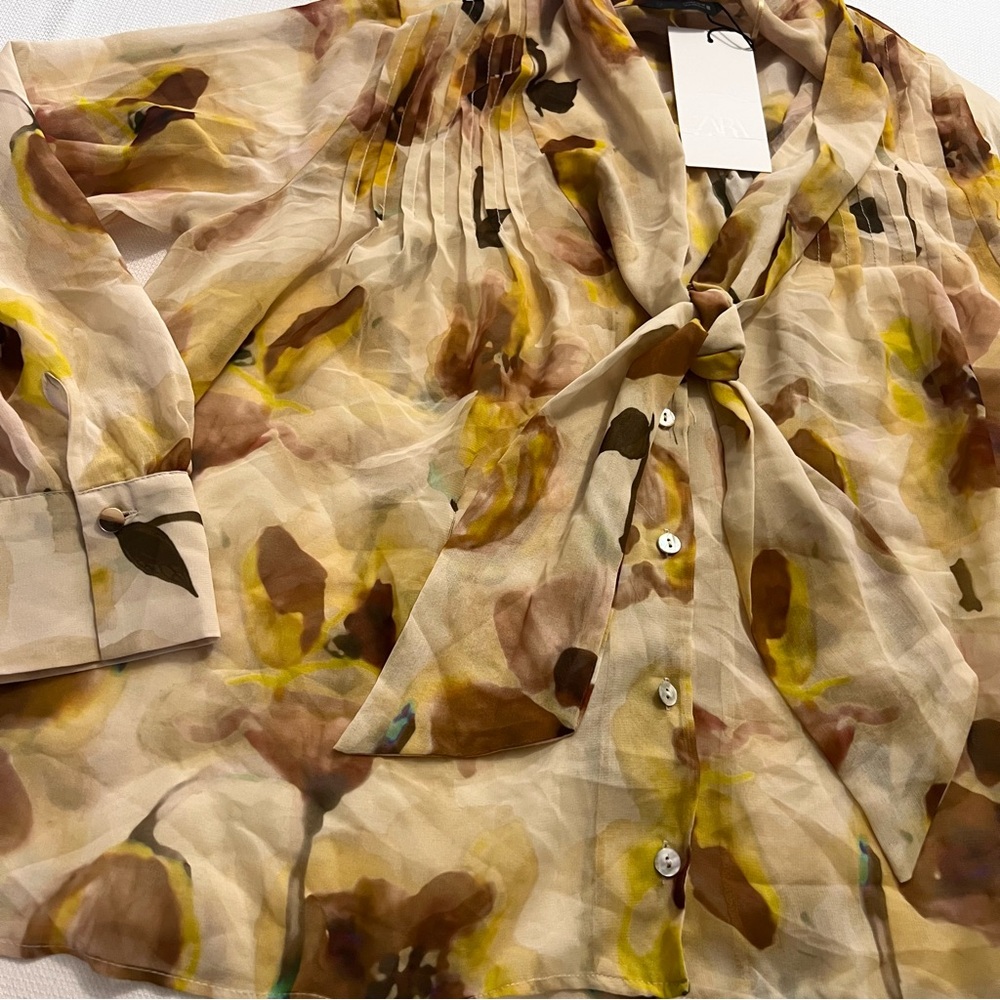 ZARA Scarf Detail Floral Print Oversized Shirt | Ecru/Yellow - Picture 11 of 14